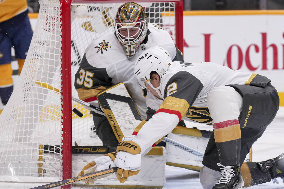 Vegas Golden Knights goaltender Ilya Samsonov (35) lets the puck get past for a score by the Na ...