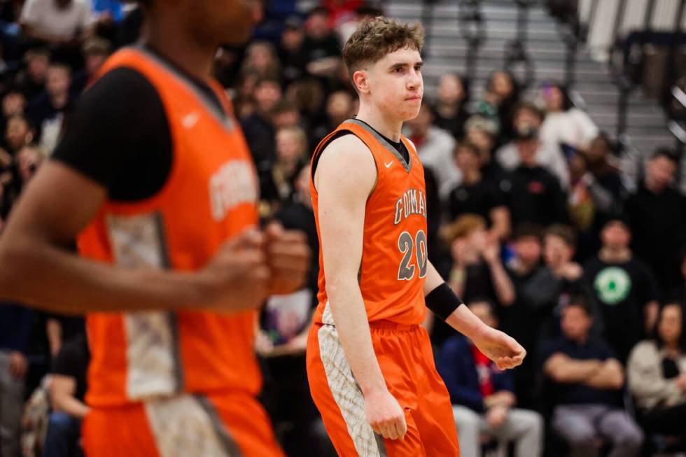 Bishop Gorman guard Ilan Nikolov (20) reacts to a team foul being called on Bishop Gorman durin ...