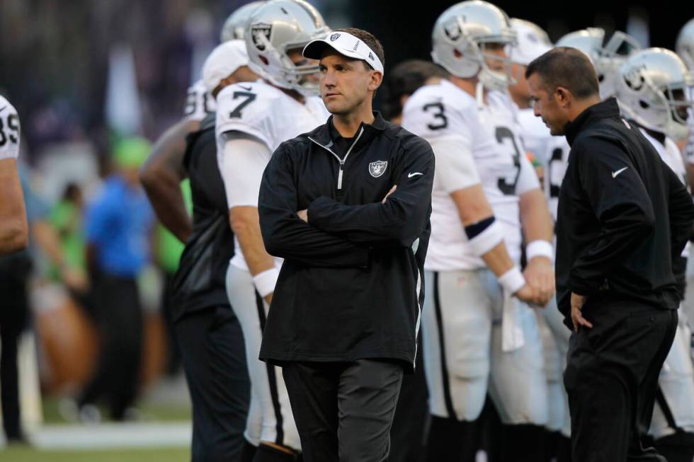 Oakland Raiders head coach Dennis Allen in the first half of a preseason NFL football game agai ...