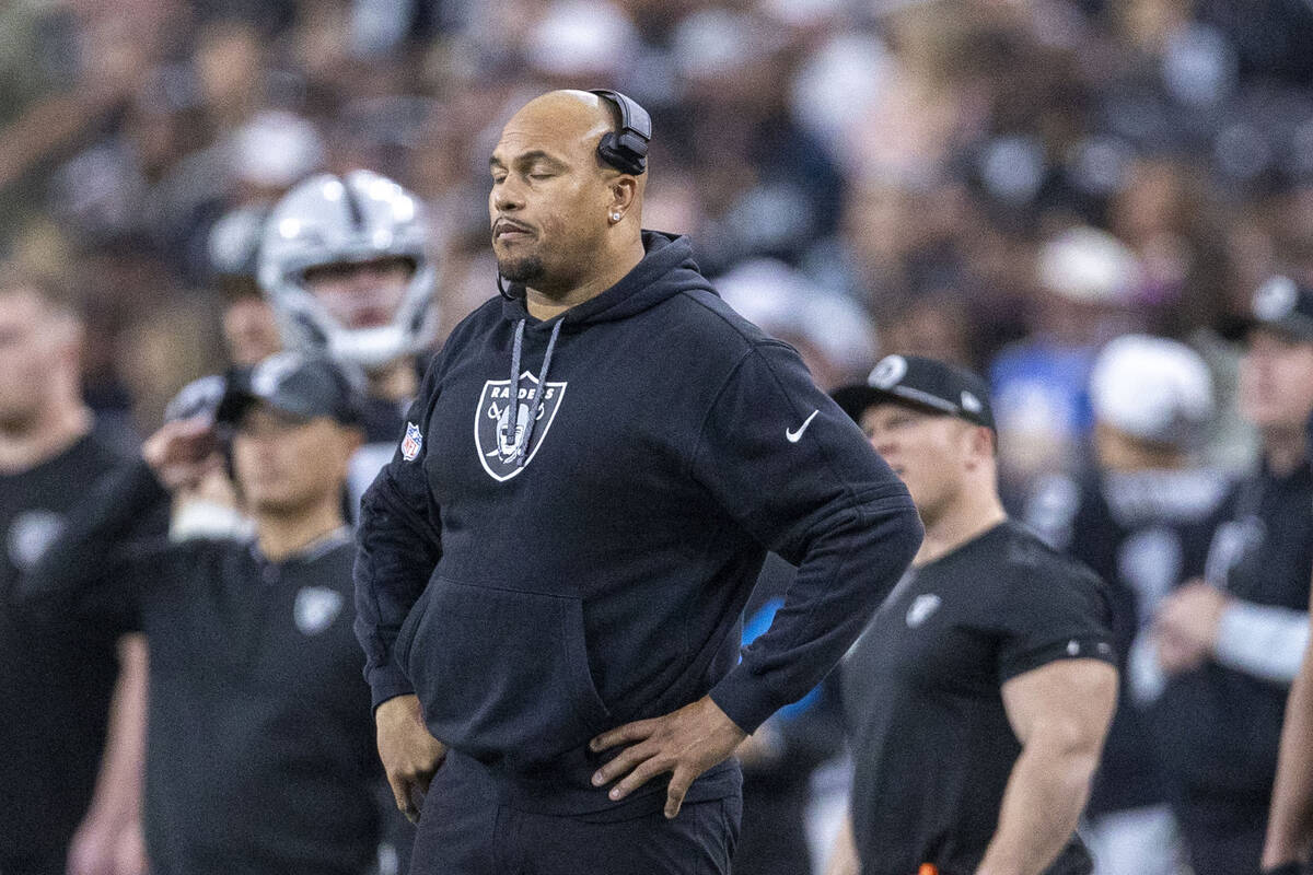 Raiders head coach Antonio Pierce reacts on the sideline during the second half of an NFL game ...