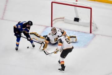 St. Louis Blues' Pavel Buchnevich (89) is unable to score past Vegas Golden Knights' Mark Stone ...