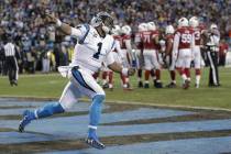 In this Jan. 24, 2016, file photo, Carolina Panthers quarterback Cam Newton celebrates his touc ...