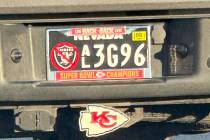 A Raiders specialty Nevada license plate altered by a Kansas City Chiefs fans. (Mick Akers/Las ...