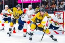 Golden Knights center Jack Eichel (9) chases the puck during an NHL hockey game between the Gol ...