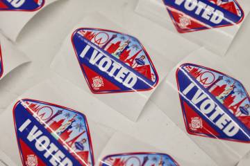 Stickers at a vote center at the East Las Vegas Library, Tuesday, Nov. 5, 2024. (Rachel Aston/L ...