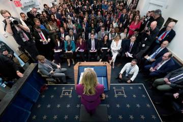 White House press secretary Karoline Leavitt speaks with reporters in the James Brady Press Bri ...