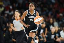 Aces guard Tiffany Hayes (15) dribbles the ball during game four of a WNBA semifinals playoff s ...