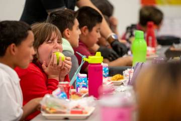 Students eat lunch during the school day at Futuro Academy, Tuesday, Sept. 3, 2024, in Las Vega ...