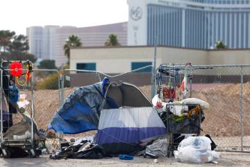 A shelter is seen behind Westgate hotel-casino, on Monday, Feb. 3, 2025, in Las Vegas. (Bizuaye ...