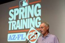 MLB Commissioner Rob Manfred speaks during a news conference Tuesday, Feb. 18, 2025, in Phoenix ...