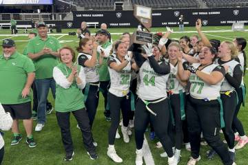 Virgin Valley's flag football team celebrates winning the Class 3A state championship on Thursd ...