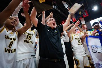 Sierra Vista head coach Joseph Bedowitz celebrates with his team after winning a class 4A boys ...