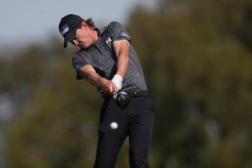 Maverick McNealy hits off the second tee of the South Course at Torrey Pines during the final r ...