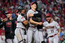 Arizona Diamondbacks relief pitcher Paul Sewald celebrates their win against the Philadelphia P ...