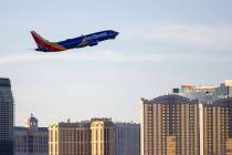 A Southwest Airlines flight leaves from Harry Reid International Airport, Tuesday, Nov. 19, 202 ...