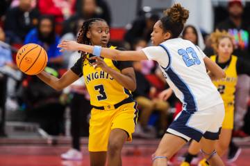 Democracy Prep point guard Bray'ana Miles (3) looks for an open teammate during a class 5A girl ...