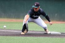 Palo Verde infielder Tanner Johns (21) bends to catch for an out on Reno during a Class 5A base ...