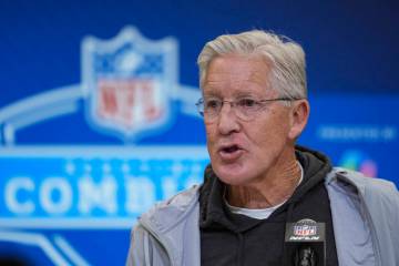 Las Vegas Raiders head coach Pete Carroll speaks during a press conference at the NFL football ...