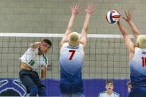 Palo Verde's Dylan Ho (10) sends a shot past Coronado's Dane Galvin (7) and Lucas Camacho (10) ...