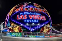 A race care navigates around the Sphere during the qualifying round for the Formula 1 Las Vegas ...