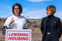 Sen. Catherine Cortez Masto is joined by U.S. Rep. Susie Lee, D-Nev., during a press conference ...