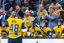 Golden Knights Head Coach Bruce Cassidy argues a penalty for the Los Angeles Kings during the s ...