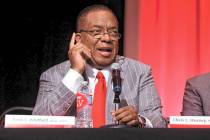 UNLV President Keith Whitfield speaks to faculty and staff during an all hands meeting in the S ...