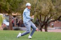 Shadow Ridge's Bridger Johnson reacts as he watches his drive after teeing off on the tenth dur ...