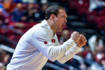 UNLV head coach Kevin Kruger is pumped after an early score against the San Diego State Aztecs ...