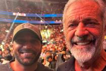 FBI Director Kash Patel is shown with film star Mel Gibson at UFC 313 at T-Mobile Arena on Satu ...