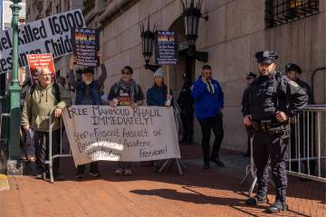 Protesters demonstrate in support of Palestinian activist Mahmoud Khalil outside Columbia Unive ...