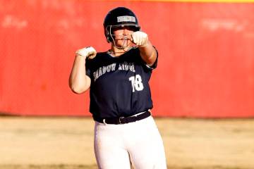 Shadow Ridge Madison Foster (18) reacts after hitting two RBI and a double against Arbor View d ...